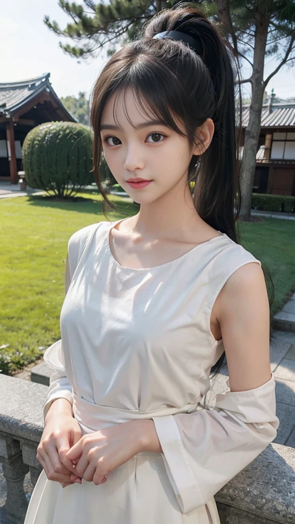 collared dress,european city park,On the lawn,One woman,masutepiece, The highest image quality, High quality, the background is clear,Beautiful woman, Japanese,Ultra-detailed, finely detail, hight resolution, 8K Wallpaper, Perfect dynamic composition, Beautiful detailed eyes , Detailed, Detailed eyes, Detailed skin, Beautiful skin, 超hight resolution, (reality: 1.4),Very beautiful woman, Slightly younger face, Beautiful skin, slender, (Ultra photo realsisim), (hight resolution), (8K), (Very detailed) (beautifully detailed eyes), (super detailed), (Detailed face), view the viewer, Fine details, Detailed face, Staring straight ahead, Staring straight ahead, photos realistic, Bright lighting, Professional Lighting, Black hair,poneyTail,a baby face,sixteen years old,Hairstyle: ponytail,Long ponytail hairstyle,slight smile,neat and tidy clothing,Beautiful Japanese KPOP idol photo, hair style is ponytail, my eyes are double and wide, baby face, smile and look straight ahead, slender, small breasts,Close up face,