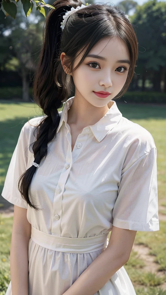 collared dress,European park,On the lawn,One woman,masutepiece, The highest image quality, High quality, the background is clear,Beautiful woman, Japanese,Ultra-detailed, finely detail, hight resolution, 8K Wallpaper, Perfect dynamic composition, Beautiful detailed eyes , Detailed, Detailed eyes, Detailed skin, Beautiful skin, 超hight resolution, (reality: 1.4),Very beautiful woman, Slightly younger face, Beautiful skin, slender, (Ultra photo realsisim), (hight resolution), (8K), (Very detailed) (beautifully detailed eyes), (super detailed), (Detailed face), view the viewer, Fine details, Detailed face, Staring straight ahead, Staring straight ahead, photos realistic, Bright lighting, Professional Lighting, Black hair,poneyTail,a baby face,sixteen years old,Hairstyle: ponytail,Long ponytail hairstyle,slight smile,neat and tidy clothing,Beautiful Japanese KPOP idol photo, hair style is ponytail, my eyes are double and wide, baby face, smile and look straight ahead, slender, small breasts,Close up face,