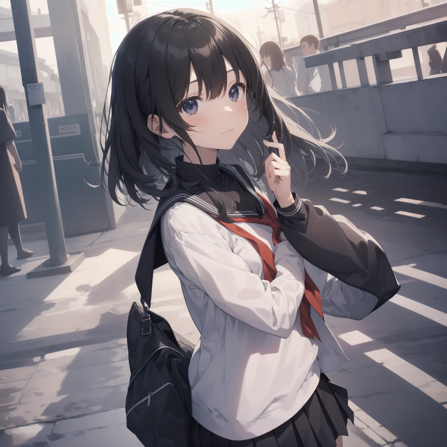 ultra-absurdres-Top quality by artist God, ultra-detailed, high resolution, anime moe artstyle, best anime 8k konachan wallpaper, pixiv contest winner, pool:2810, perfect anatomy,break, 1girl, (Please draw a girl walking sleepily to school alone. )break,(Solo,little female, -yeld:1.Full limbs, complete fingers,a junior hihort hair), short cut, flat chest, , small butt, small black eyes, beautiful detailed eyes, well-proportioned iris and pupils, expressive eyes, highres detailed hair, soft expression, salor school_uniform, sailor collar, serahuku, bow, pleated skirt,(Detailed Lighting), (Detailed background), in the School commute route. break,super detailed skin, Best cinematic lighting powered by famous artist, 8k,beauty illustration,photoshop_(medium),very aesthetic,break,((artist:sumiyao_(amam) )), artist:clamp ,artist:carnelian ,artist:kantoku ,