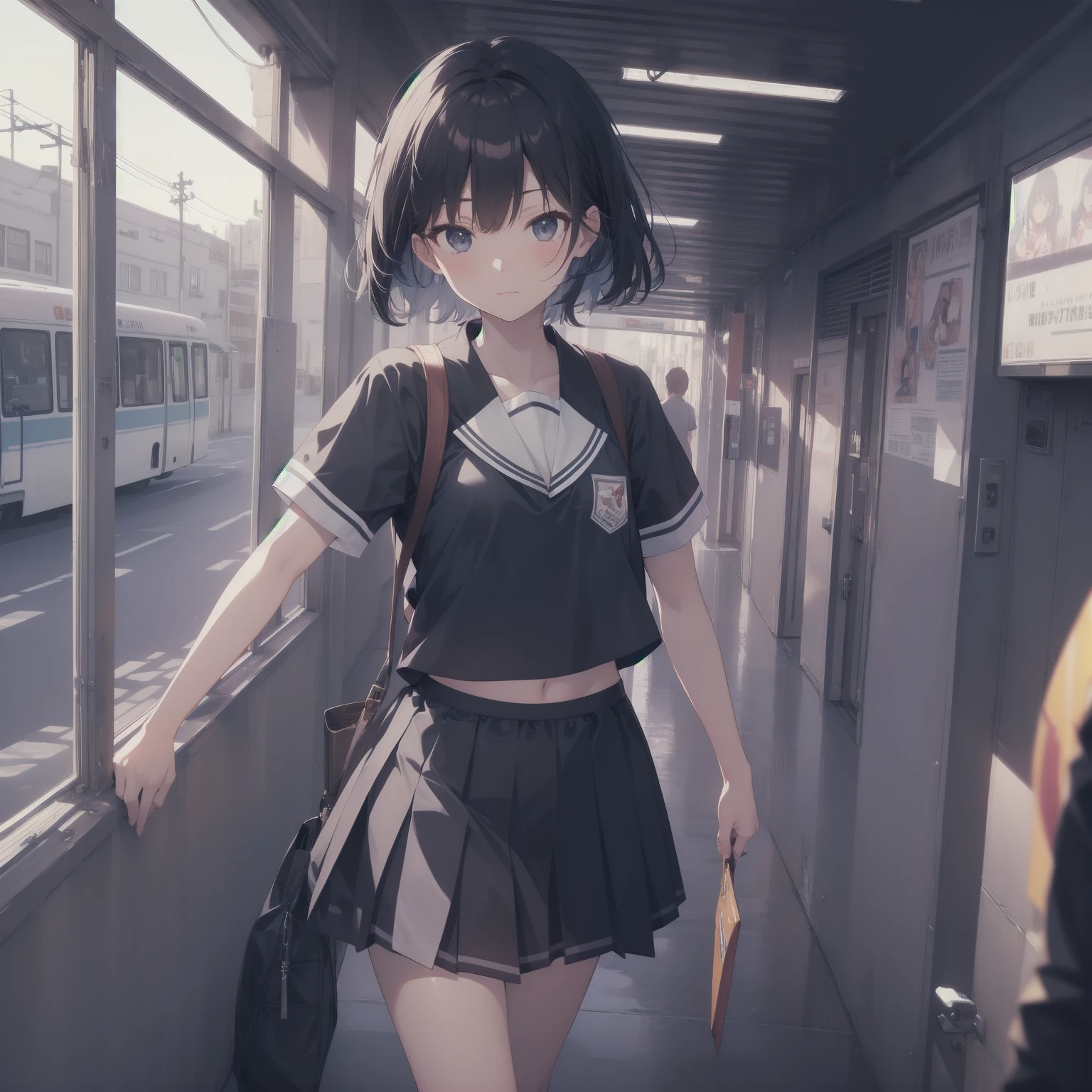 ultra-absurdres-Top quality by artist God, ultra-detailed, high resolution, anime moe artstyle, best anime 8k konachan wallpaper, pixiv contest winner, pool:2810, perfect anatomy,break, 1girl, (Please draw a girl walking sleepily to school alone. )break,(Solo,little female, 13-year-old:1.3),Full limbs, complete fingers,a junior high school student, (very short hair), short cut, flat chest, , small butt, small black eyes, beautiful detailed eyes, well-proportioned iris and pupils, expressive eyes, highres detailed hair, soft expression, salor school_uniform, sailor collar, serahuku, bow, pleated skirt,(Detailed Lighting), (Detailed background), in the School commute route. break,super detailed skin, Best cinematic lighting powered by famous artist, 8k,beauty illustration,photoshop_(medium),very aesthetic,break,((artist:sumiyao_(amam) )), artist:clamp ,artist:carnelian ,artist:kantoku ,