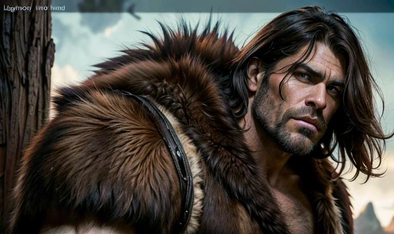 epic fantasy art, super fine illustration, High resolution, Super detailed, masterpiece, 1 male, Neanderthal, hunter, alone, adult, mature, manly, tall and muscular man, broad shoulders, (((good looking:1.5))), messy hair, black hair, ((beautiful detailed brown eyes:1.5)), square jaw, thick neck, thick eyebrows, broad nose, prehistoric background, loincloth, furs,