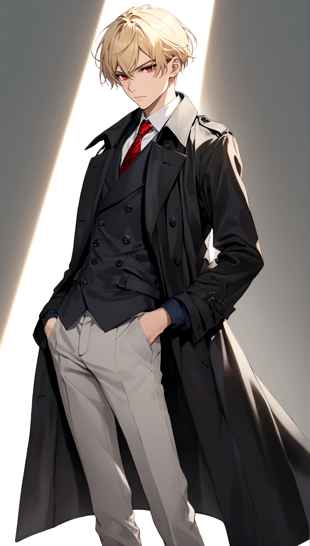 Hands in pockets,Exquisite facial features,blond,Red Eyes,Young male,Black trench coat