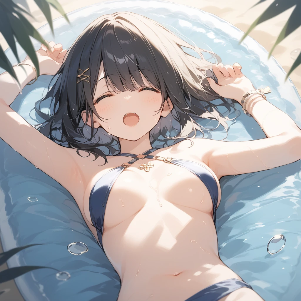 score_9, score_8_up, score_7_up, source_anime, best quality, masterpiece, official art, absurdres, highres, ultra-detailed,waifu2x,Collection: Slice of Life,break,1girl, short hair, medium breasts, beautiful detailed eyes, swimsuit, sweat, open mouth, (yawn:0.3), sleepily, lying, ocean, outdoors, wind, break,(clear line illustration:1.2),very high resolution, very aesthetic, super detailed skin, Best sexual lighting powered by famous artist, 8k,cute picture,beauty illustration,photoshop_(medium),,(Detailed Lighting),best anime 8k konachan wallpaper, pixiv contest winner,