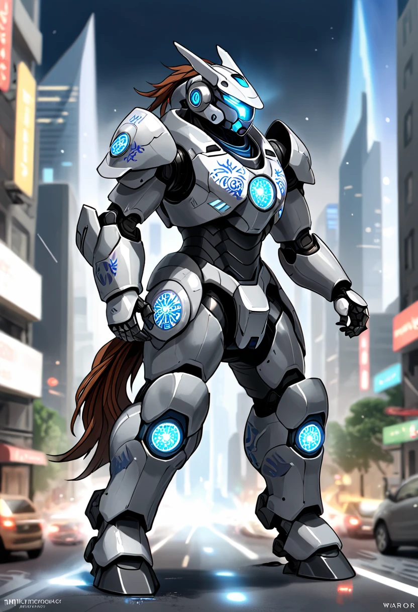 Create an image of a heavily armored warrior piloting a futuristic mecha suit. This mecha suit transforms the warrior into a centaur-like figure, with the upper body encased in sleek, technologically advanced armor and the lower body resembling a powerful, robotic horse. The warrior's armor is adorned with intricate designs inspired by Italian and Mediterranean motifs. The scene is set in a busy, modern cityscape, highlighting the warrior's active and dynamic lifestyle. His stance is powerful, yet he shows signs of strain, with subtle details hinting at pain in his ankles and legs. The city around him is vibrant, filled with the hustle and bustle of daily life, reflecting his role as a protector of his family and community. The overall atmosphere is a blend of ancient warrior spirit and cutting-edge technology.