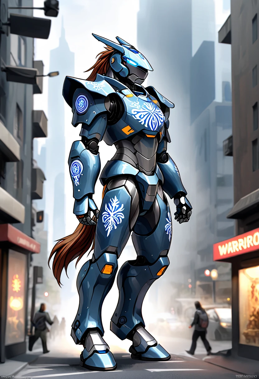 Create an image of a heavily armored warrior piloting a futuristic mecha suit. This mecha suit transforms the warrior into a centaur-like figure, with the upper body encased in sleek, technologically advanced armor and the lower body resembling a powerful, robotic horse. The warrior's armor is adorned with intricate designs inspired by Italian and Mediterranean motifs. The scene is set in a busy, modern cityscape, highlighting the warrior's active and dynamic lifestyle. His stance is powerful, yet he shows signs of strain, with subtle details hinting at pain in his ankles and legs. The city around him is vibrant, filled with the hustle and bustle of daily life, reflecting his role as a protector of his family and community. The overall atmosphere is a blend of ancient warrior spirit and cutting-edge technology.