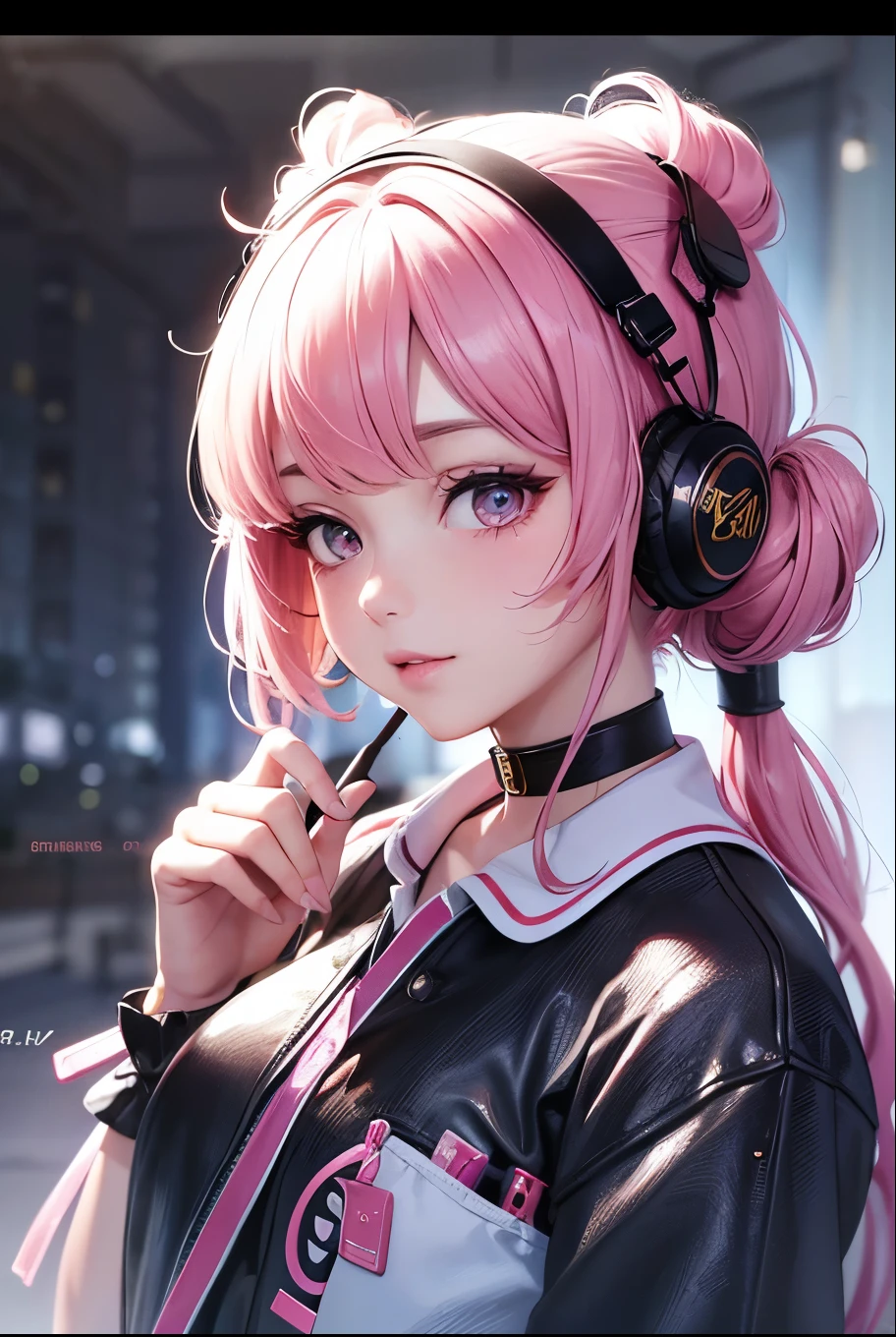 masterpiece, best quality, highly detailed, high resolution, expensive resolution, high resolution, 4k, 8k, uniform 8k wallpaper, highly detailed CG, masterpiece, 2d, 3d, beautiful details, depth, fine texture, best quality: 1.3, perfectly focused, sharp. skin, him, very cute anime girl, her name is Mei, short pigtails, idol, in the rain, expensive pink short pigtails, mole under eye, looking at the viewer, expensive, blush, mole, open lips, pink eyes, heart shaped choker, smiling face