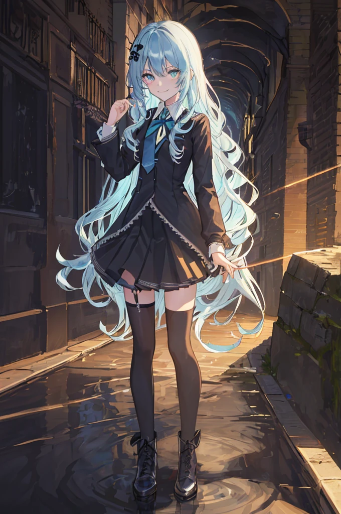 underground waterway background,original,(illustration:1.1),(best quality),(masterpiece:1.1),(extremely detailed CG unity 8k wallpaper:1.1), (colorful:0.9),(mid shot:0.95),(highly detailed beautiful face and body),(solo:1.2), (girl),(((adult))), (detailed beautiful eyes:1.15), (beautiful face:1.15), (glowing green eyes:1.25////),((jewel-like eyes)),(petite),(cute girl),(((blue long hair))),((blue long hair)),(wavy hair),((wavy hair)),(+perfect hand+:1.21),(gothic school uniform),(Religious),(slender),(black clothes),(gothic ribbon),ribbon tie,small breasts,miniskirt,gothic boots,black thighhighs,slim body,(evil smile),detailed background,underground waterway,((dark place)),((dark place)),((dark place)),((dark place)),((Dark underground canals where light does not reach)),eluding,erotic thighs,