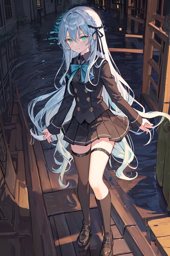underground waterway background,original,(illustration:1.1),(best quality),(masterpiece:1.1),(extremely detailed CG unity 8k wallpaper:1.1), (colorful:0.9),(mid shot:0.95),(highly detailed beautiful face and body),(solo:1.2), (girl),(((adult))), (detailed beautiful eyes:1.15), (beautiful face:1.15), (glowing green eyes:1.25////),((jewel-like eyes)),(petite),(cute girl),(((blue long hair))),((blue long hair)),(wavy hair),((wavy hair)),(+perfect hand+:1.21),(gothic school uniform),(Religious),(slender),(black clothes),(gothic ribbon),ribbon tie,small ,,gothic boots,black thighhighs,slim body,(evil smile),detailed background,underground waterway,((dark place)),((dark place)),((dark place)),((dark place)),((Dark underground canals where light does not reach)),eluding, thighs,
