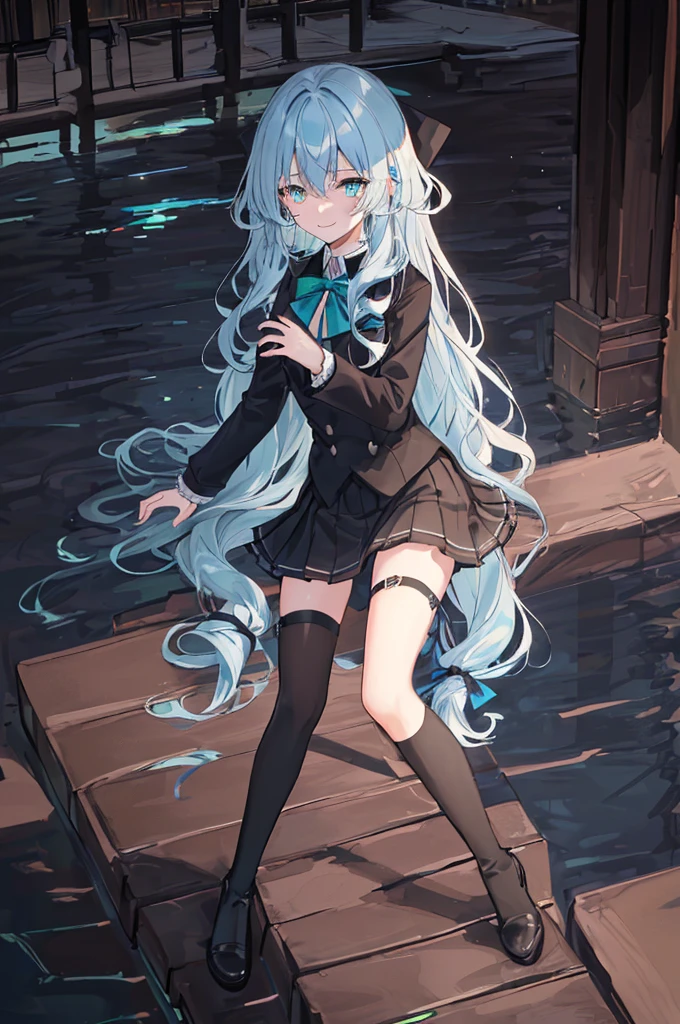 underground waterway background,original,(illustration:1.1),(best quality),(masterpiece:1.1),(extremely detailed CG unity 8k wallpaper:1.1), (colorful:0.9),(mid shot:0.95),(highly detailed beautiful face and body),(solo:1.2), (girl),(((adult))), (detailed beautiful eyes:1.15), (beautiful face:1.15), (glowing green eyes:1.25////),((jewel-like eyes)),(petite),(cute girl),(((blue long hair))),((blue long hair)),(wavy hair),((wavy hair)),(+perfect hand+:1.21),(gothic school uniform),(Religious),(slender),(black clothes),(gothic ribbon),ribbon tie,small breasts,miniskirt,gothic boots,black thighhighs,slim body,(evil smile),detailed background,underground waterway,((dark place)),((dark place)),((dark place)),((dark place)),((Dark underground canals where light does not reach)),eluding,erotic thighs,