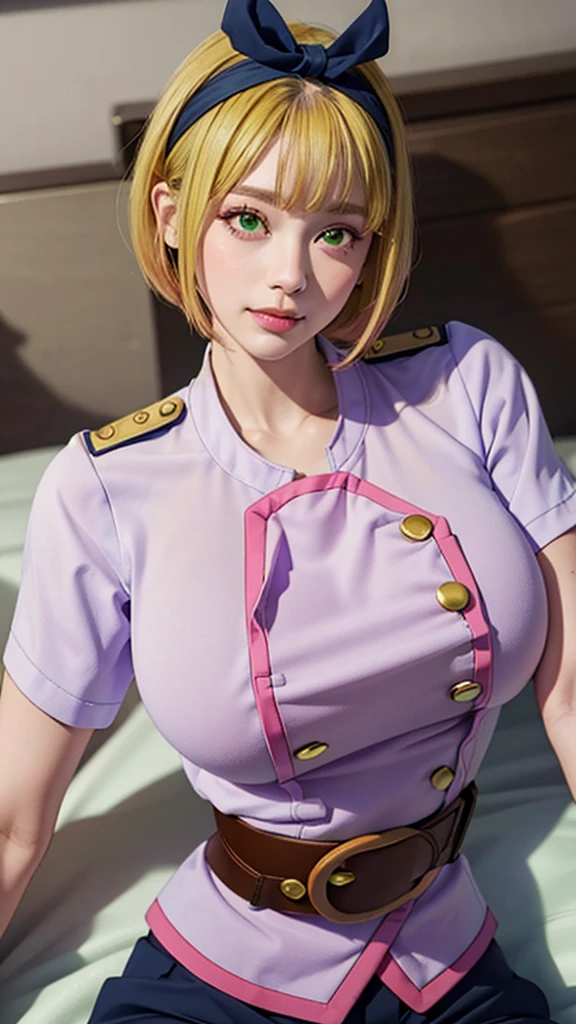 Top quality, 8k, 32k, Masterpiece, photorealistic, realistic, (photorealistic:1,4), solo, slight smile, dramatic lighting, professional makeup, breasts, (natural big breasts: 1.3), (seductive), beautiful white face shining, beautiful face, pink cheeks, beautiful lips, porcelain skin, detail intricate, super detailed, super high, highest detailed, high detailed, delicate, incredible detailed, fine detailed, cinematic lighting, top quality, smooth and beautiful, CG, unity, 8k wallpaper, Stunning, fine detail, unity CG wallpaper 8k ultra-detailed, large file size, ultra-detailed, high resolution, incredible detail, stunning detail, depth of field, masterpiece, best quality, (uniform:1.5), without sleeves, upper body, lying in bed, belt, Shushu Suruga, shorts, 1girl, yellow hair, green eyes, looking at viewer, short hair, medium breast, hairband, bangs