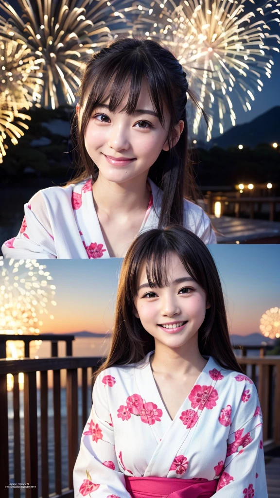 High resolution、high quality、Detailed face、Beautiful Face、cute、Young Face、Young face、Beautiful scenery in Japan、yukata、An innocent smile、whole body、Fireworks display、Backwards、Face towards the fireworks、Looking up at the fireworks