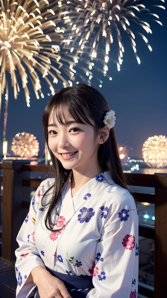High resolution、high quality、Detailed face、Beautiful Face、cute、Young Face、Young face、Beautiful scenery in Japan、yukata、An innocent smile、whole body、Fireworks display、Backwards、Face towards the fireworks、Looking up at the fireworks