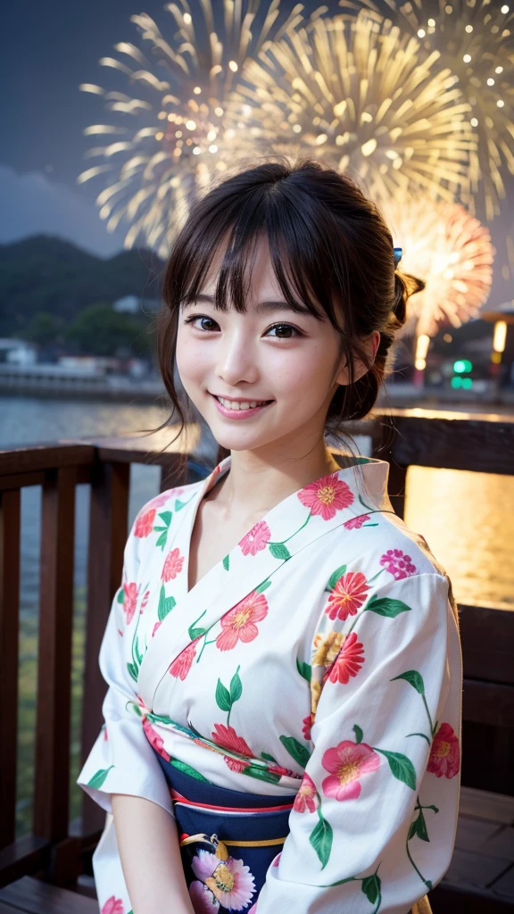 High resolution、high quality、Detailed face、Beautiful Face、cute、Young Face、Young face、Beautiful scenery in Japan、yukata、An innocent smile、whole body、Fireworks display、Backwards、Face towards the fireworks、Looking up at the fireworks