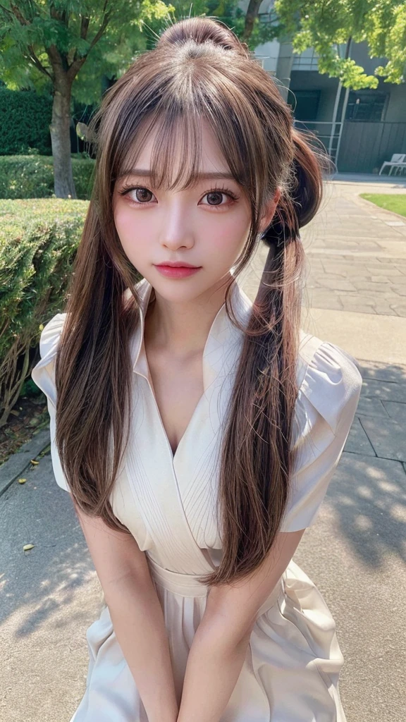 One piece with collar,outdoors,Urban Park,On the lawn,Ultra-detailed, finely detail, hight resolution, 8K Wallpaper, Perfect dynamic composition, Beautiful detailed eyes,Outdoor,Close-up of face,Outdoor,Blushing,Facing forward,,Long hair ponytail,((8k, Raw photo, Best Quality, Mastepiece:1.2), (Realism, Photorealistic:1.4), (Highly detailed 8K wallpapers), Depth of written boundary, Cinematic Lighting, Soft Light, Detailed Beauty Eye,Shiny and smooth light brown ponytail, Asymmetrical bangs, Shiny skin, Ultra-detailed skins ,It is high resolution., High detail, Detailed hairstyle, Detailed facial beauty, Hyper-realistic, Perfect limbs, Perfect Anatomy ,1 Japanese girl,Famous Japanese Idols, Perfect female body,A shy smile,Short eyelashes,Double-edged eyelids,Look straight here,Hair style: ponytail,