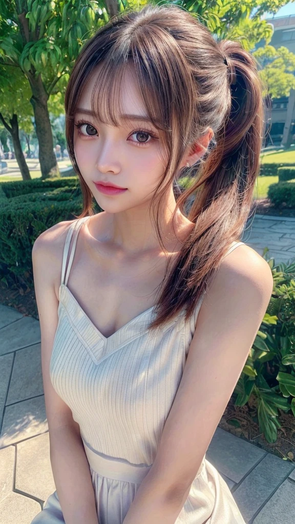 One piece with collar,outdoors,Urban Park,On the lawn,Ultra-detailed, finely detail, hight resolution, 8K Wallpaper, Perfect dynamic composition, Beautiful detailed eyes,Outdoor,Close-up of face,Outdoor,Blushing,Facing forward,,Long hair ponytail,((8k, Raw photo, Best Quality, Mastepiece:1.2), (Realism, Photorealistic:1.4), (Highly detailed 8K wallpapers), Depth of written boundary, Cinematic Lighting, Soft Light, Detailed Beauty Eye,Shiny and smooth light brown ponytail, Asymmetrical bangs, Shiny skin, Ultra-detailed skins ,It is high resolution., High detail, Detailed hairstyle, Detailed facial beauty, Hyper-realistic, Perfect limbs, Perfect Anatomy ,1 Japanese girl,Famous Japanese Idols, Perfect female body,A shy smile,Short eyelashes,Double-edged eyelids,Look straight here,Hair style: ponytail,
