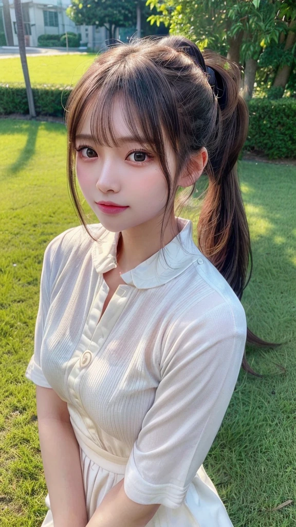 One piece with collar,outdoors,Urban Park,On the lawn,Ultra-detailed, finely detail, hight resolution, 8K Wallpaper, Perfect dynamic composition, Beautiful detailed eyes,Outdoor,Close-up of face,Outdoor,Blushing,Facing forward,,Long hair ponytail,((8k, Raw photo, Best Quality, Mastepiece:1.2), (Realism, Photorealistic:1.4), (Highly detailed 8K wallpapers), Depth of written boundary, Cinematic Lighting, Soft Light, Detailed Beauty Eye,Shiny and smooth light brown ponytail, Asymmetrical bangs, Shiny skin, Ultra-detailed skins ,It is high resolution., High detail, Detailed hairstyle, Detailed facial beauty, Hyper-realistic, Perfect limbs, Perfect Anatomy ,1 Japanese girl,Famous Japanese Idols, Perfect female body,A shy smile,Short eyelashes,Double-edged eyelids,Look straight here,Hair style: ponytail,