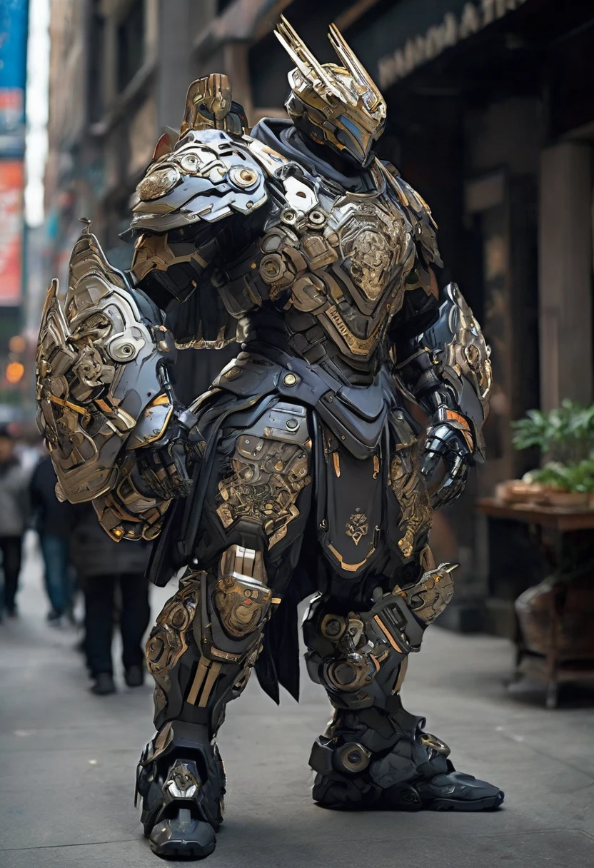 Create an image of a heavily armored warrior piloting a futuristic mecha suit. This mecha suit transforms the warrior into a centaur-like figure, with the upper body encased in sleek, technologically advanced armor and the lower body resembling a powerful, robotic horse. The warrior's armor is adorned with intricate designs inspired by Italian and Mediterranean motifs. The scene is set in a busy, modern cityscape, highlighting the warrior's active and dynamic lifestyle. His stance is powerful, yet he shows signs of strain, with subtle details hinting at pain in his ankles and legs. The city around him is vibrant, filled with the hustle and bustle of daily life, reflecting his role as a protector of his family and community. The overall atmosphere is a blend of ancient warrior spirit and cutting-edge technology.