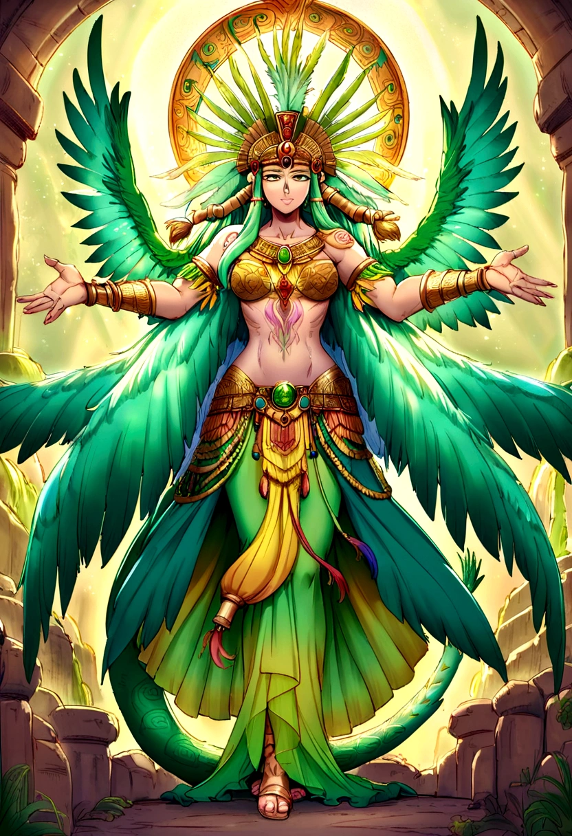 Quetzalcoatl, the Feathered Serpent, is a majestic and radiant figure, blending human and serpent features with divine elegance. His body is covered in iridescent feathers that shimmer with vibrant hues of emerald, gold, and turquoise, creating a dazzling display of color and light. His eyes are a striking shade of jade, glowing with wisdom and benevolence. He wears elaborate, gold-embellished ceremonial armor adorned with ancient Aztec symbols and precious gemstones. His head is crowned with a magnificent headdress of vibrant plumes that cascade down his back. Quetzalcoatl’s serpent tail coils gracefully, and his arms, adorned with intricate tattoos of ancient glyphs, end in strong, clawed hands. He carries a serpent-shaped staff that pulses with mystical energy, embodying his role as the bringer of life, wisdom, and renewal
