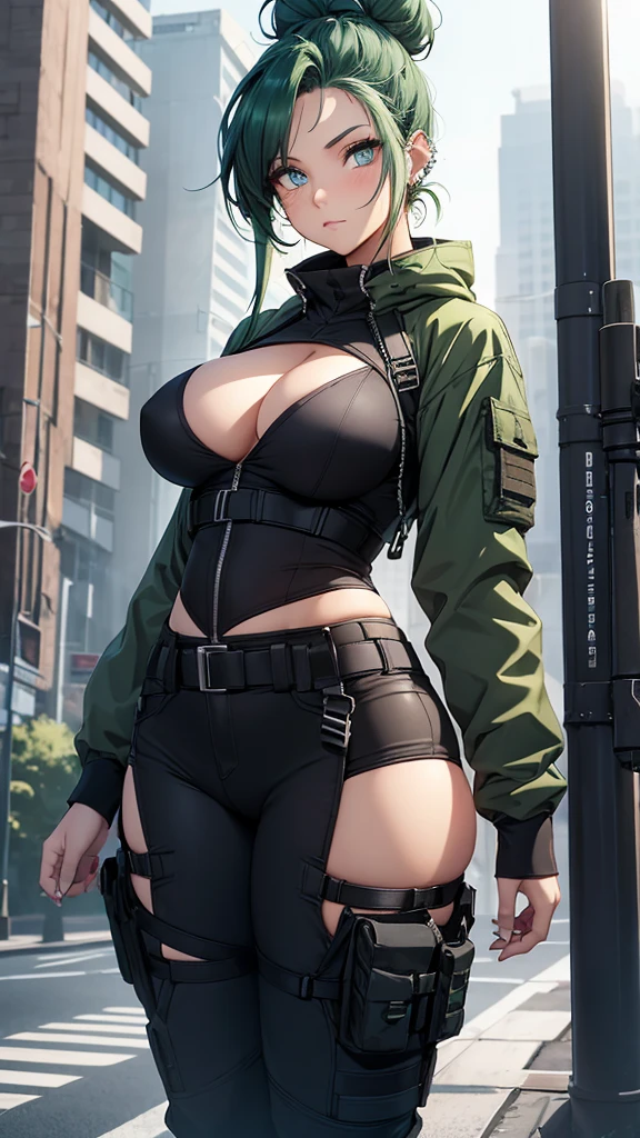 Young female, giantess (15ft 6in height), curvy body, DDD size breasts, dark green hair in two high buns, light blue eyes with designs, beautiful, vertical labret piercing, wearing comfortable tactical style clothes.