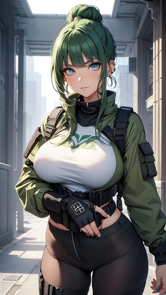 Young female, giantess (15ft 6in height), curvy body, DDD size breasts, dark green hair in two high buns, light blue eyes with designs, beautiful, vertical labret piercing, wearing comfortable tactical style clothes.