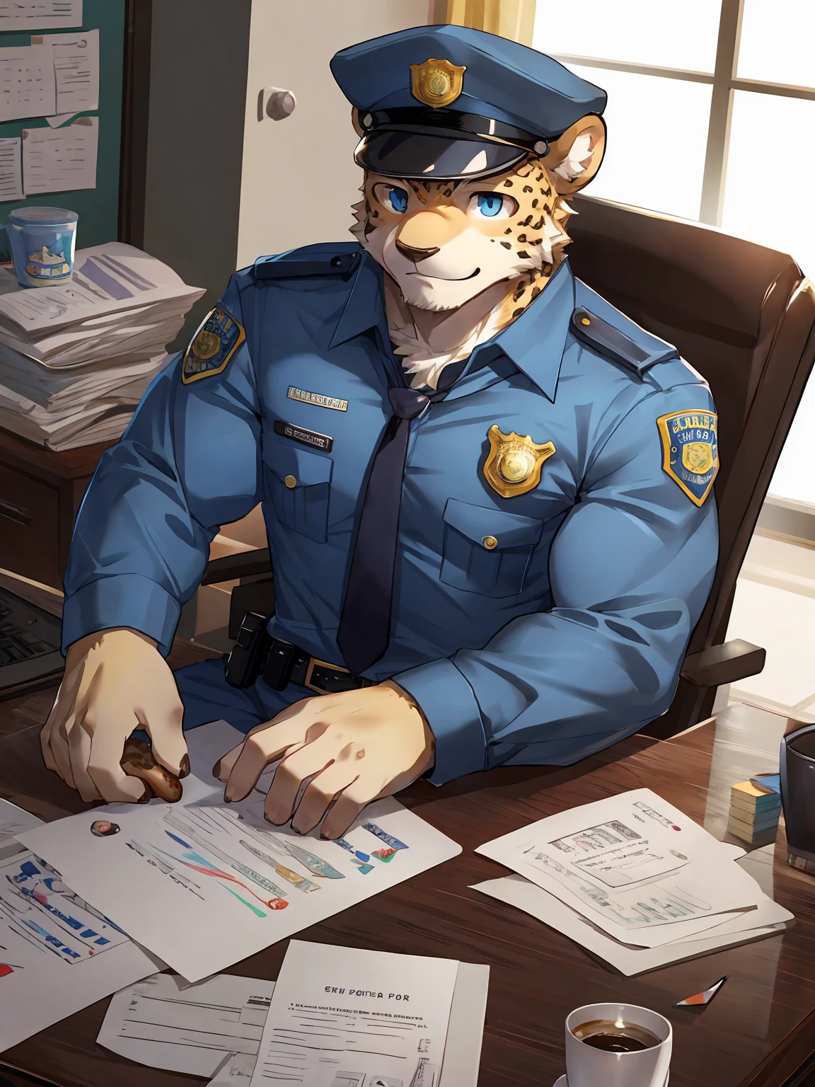 embedding：Leopard,Pale blue eyes,Single Person,Male,Chief of police,Wearing a police uniform,Wearing a police cap,At the police station，modern，Eat a doughnut.Sitting in the office,There are papers and coffee cup on the table.Ray tracing,muscle，Maturity,Best quality hands, best quality eye，detailed fur，Delicate eyes.Extreme picture quality，by sollyz,by zixiong,by milkytiger1145