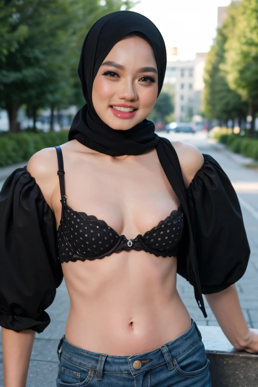 Malay hijab women wearing sexy lace black color bra and ((polkadot pattern)), short jeans, wide hips, portrait photography, 35 years old, full shot photo, ultra detail, professional photograph with professional lighting, smile, at the outdoor garden background, sexy seducing pose, curvy,