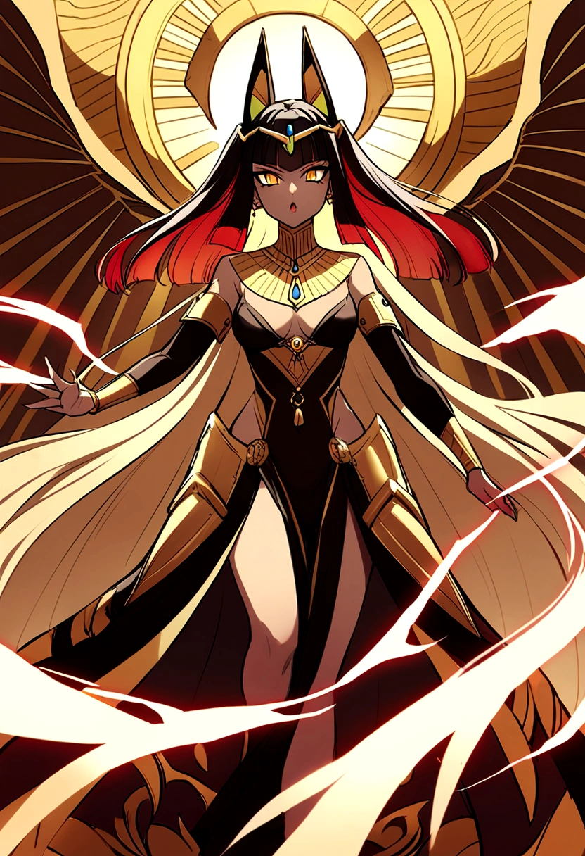 Sekhmet, the Lioness Goddess of War, appears as a formidable and fierce deity, embodying the raw power and ferocity of a lioness. Her golden skin gleams under the Egyptian sun, adorned with intricate hieroglyphic tattoos that pulse with ancient magic. Her mane of fiery red hair flows wildly around her head, framing her piercing eyes that burn like molten gold. Sekhmet's regal attire consists of a feathered headdress and a flowing linen dress adorned with golden jewelry and amulets symbolizing protection and war. In her hands, she wields a double-bladed axe made of celestial bronze, a weapon that crackles with divine energy and embodies her role as a warrior goddess. Her presence commands respect and awe, embodying both the destructive power of war and the protective aspect of a fierce guardian.