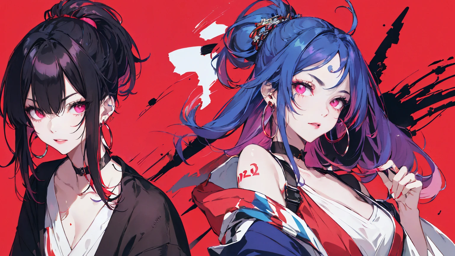 hair above one eye, Purple eyes, Clear Eyes, choker, Neon Shirt, torn legwear, open jacket、Blue pubic hair catches my eye,Bright red background、Red background, graffiti, Shineing grafiti, Shineing tattoos, Shine, Neon Light, Black light,Anime Style, movie portrait photography, 1 female, 22 years ago, Whole Body Ezbian, anger, (Scarlet Hair), Long Hair, Purple eyes, wearing a short black dress, (Natural skin texture vivid details, Surreal, (Realistic eyes, Natural skin texture, Realistic facial details), Soft and dramatic lighting, Written boundary depth, Bokeh, vivid details, Surreal, 35mm movie, Absent-minded, movie,lipstick, ear piercing, eye shadow, Hoop Earrings, red pink lips, multicolored red eyes, Red background,Beautiful Eyes,Bold Pose、Strike a Pose,upper ponytail,drooping bangs,Droopy eyes、((kimono))、high school girl