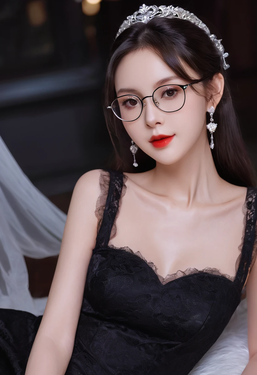 Top CG, Highest image quality, masterpiece, gentle beautiful girl, (185cm美女), (fit), Imperial sister, Queen temperament, White skin, ((long legs)), perfect facial features, Bright Eyes, Seductive pose, red lips, beautiful and cold (A major breakthrough)), beautiful and brave, soft and long hair, Shiny, lace, net, Visible through clear skin, wear glasses, Diamond earrings, Black skirt), 8k quality, (Realistic portraits), Characters fill the screen, (face lighting), ((eternity)
