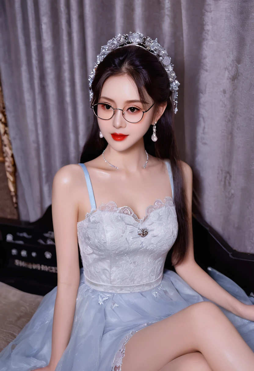 Top CG, Highest image quality, masterpiece, gentle beautiful girl, (185cm美女), (fit), Imperial sister, Queen temperament, White skin, ((long legs)), perfect facial features, Bright Eyes, Seductive pose, red lips, beautiful and cold (A major breakthrough)), beautiful and brave, soft and long hair, Shiny, lace, net, Visible through clear skin, wear glasses, Diamond earrings, Black skirt), 8k quality, (Realistic portraits), Characters fill the screen, (face lighting), ((eternity)
