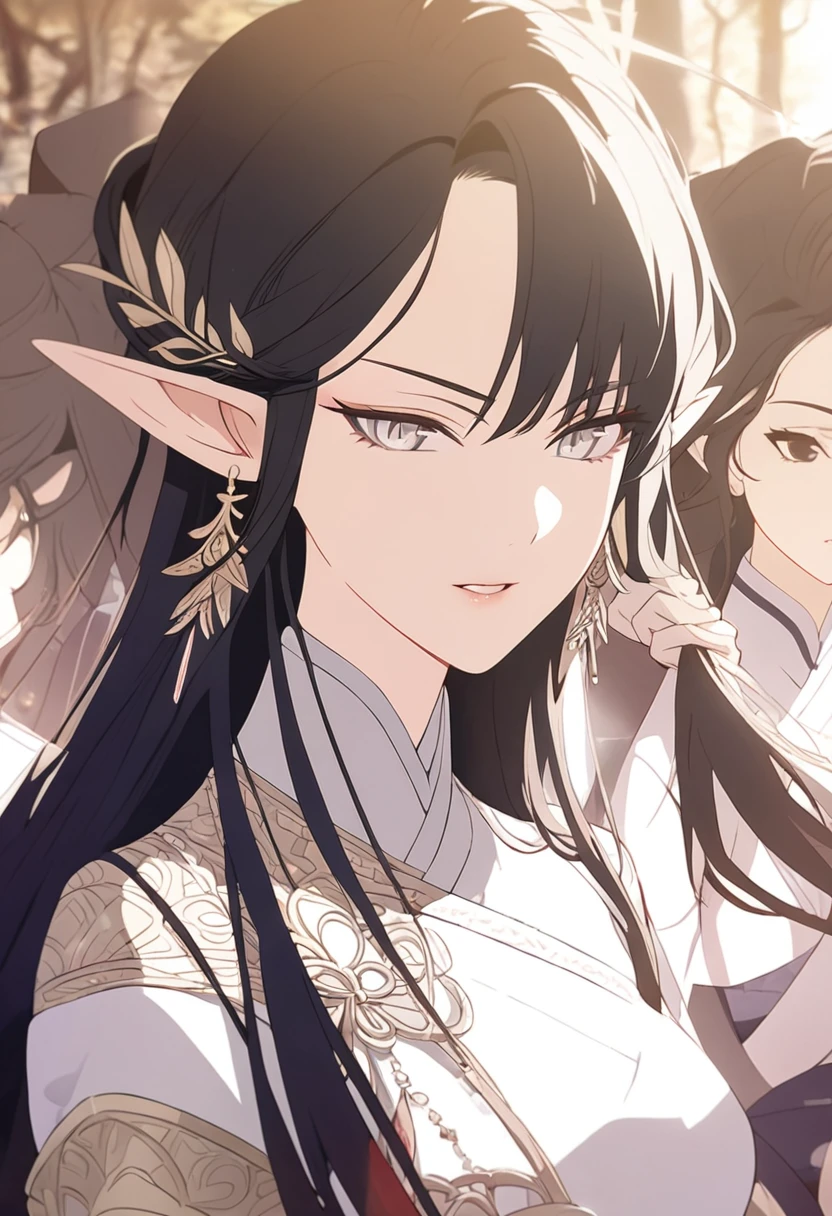 1woman, intelligence, elven, black hair, bang, charismatic hairstyle, silver eyes, researcher, elegant, traditional thai costume,