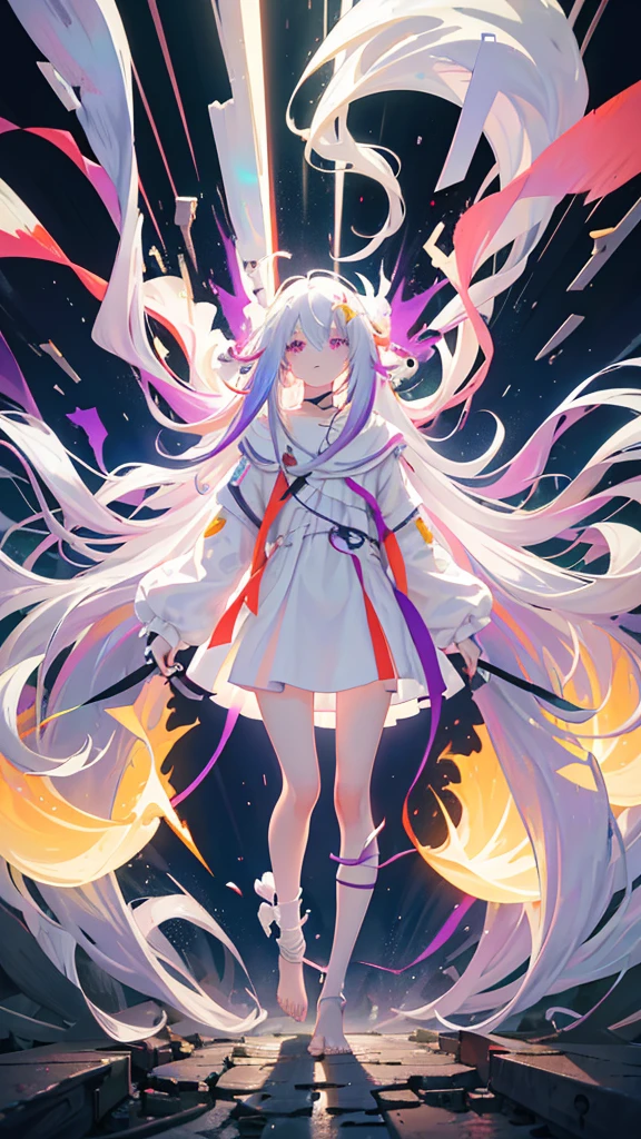 [transparent background, ::0.]masterpiece, best quality, 1girl, long hair, solo, white hair, dress, pray, electricity, purple eyes, very long hair, multicolored hair, white dress, bandaged leg, glowing, colored inner hair, grey hair, barefoot, electric plug, bandages, full body, explosion, floating