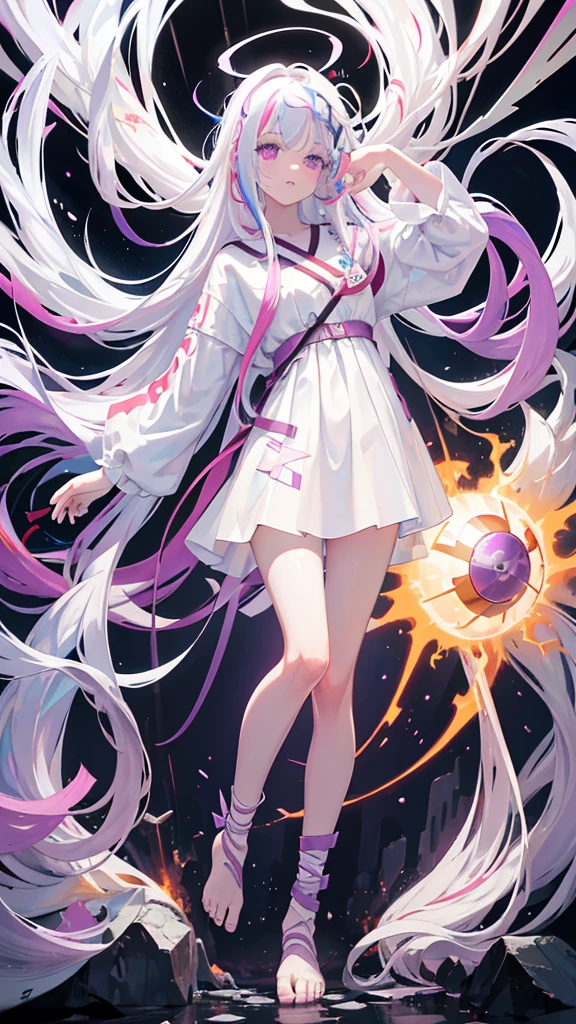 [transparent background, ::0.]masterpiece, best quality, 1girl, long hair, solo, white hair, dress, pray, electricity, purple eyes, very long hair, multicolored hair, white dress, bandaged leg, glowing, colored inner hair, grey hair, barefoot, electric plug, bandages, full body, explosion, floating