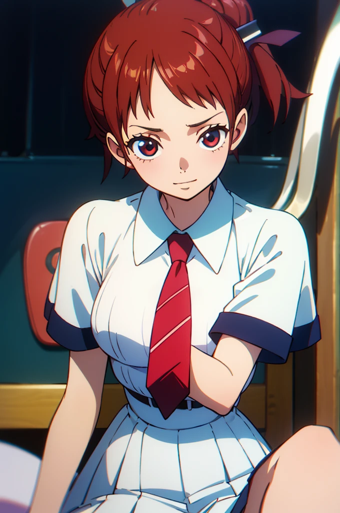 (masterpiece, best quality:1.2), 8k, 16yo, 85mm, official art, raw photo, absurdres, white dress shirt, pretty face, close up, upper body, full body violaceaess, gardeniass, beautiful girl, , (navy pleated skirt:1.1), cinch waist, thighs, short sleeve, in train, sitting on bench seat, looking at viewer, no makeup, (smile:0.4), film grain, chromatic aberration, sharp focus, facelight, clear lighting, teen, detailed face, bokeh background, (dark red necktie:1.1)