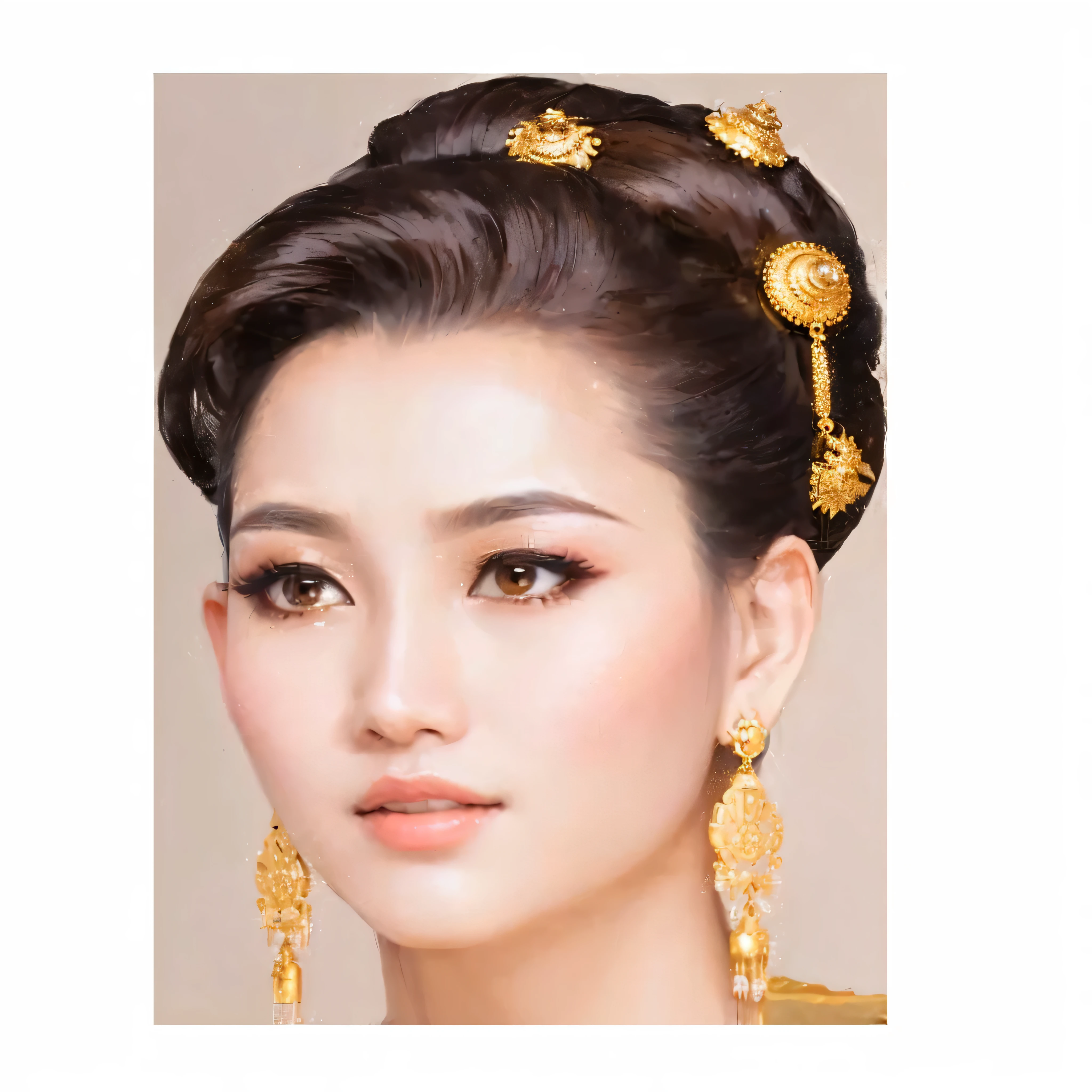 a close up of a woman with a gold head piece and earrings, south east asian with round face, traditional beauty, traditional makeup, traditional female hairstyles, nivanh chanthara, south east asian with long, traditional, dilraba dilmurat, imperial and elegant hair style, patiphan sottiwilaiphong, gold adornments