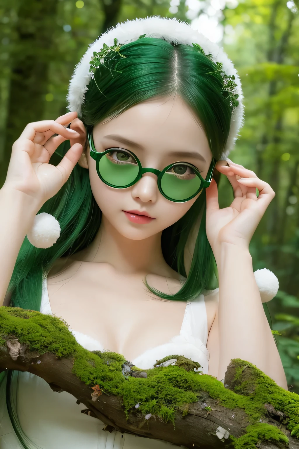 Beauty。Alluring。A white, round creature。Wearing green glasses。Have thin limbs。The eyes are round and the mouth is small。Green eyes。Small ears on top of the head。The head is perfectly round and integrated with the body.。Has a thin gun。The background is a mossy forest。
