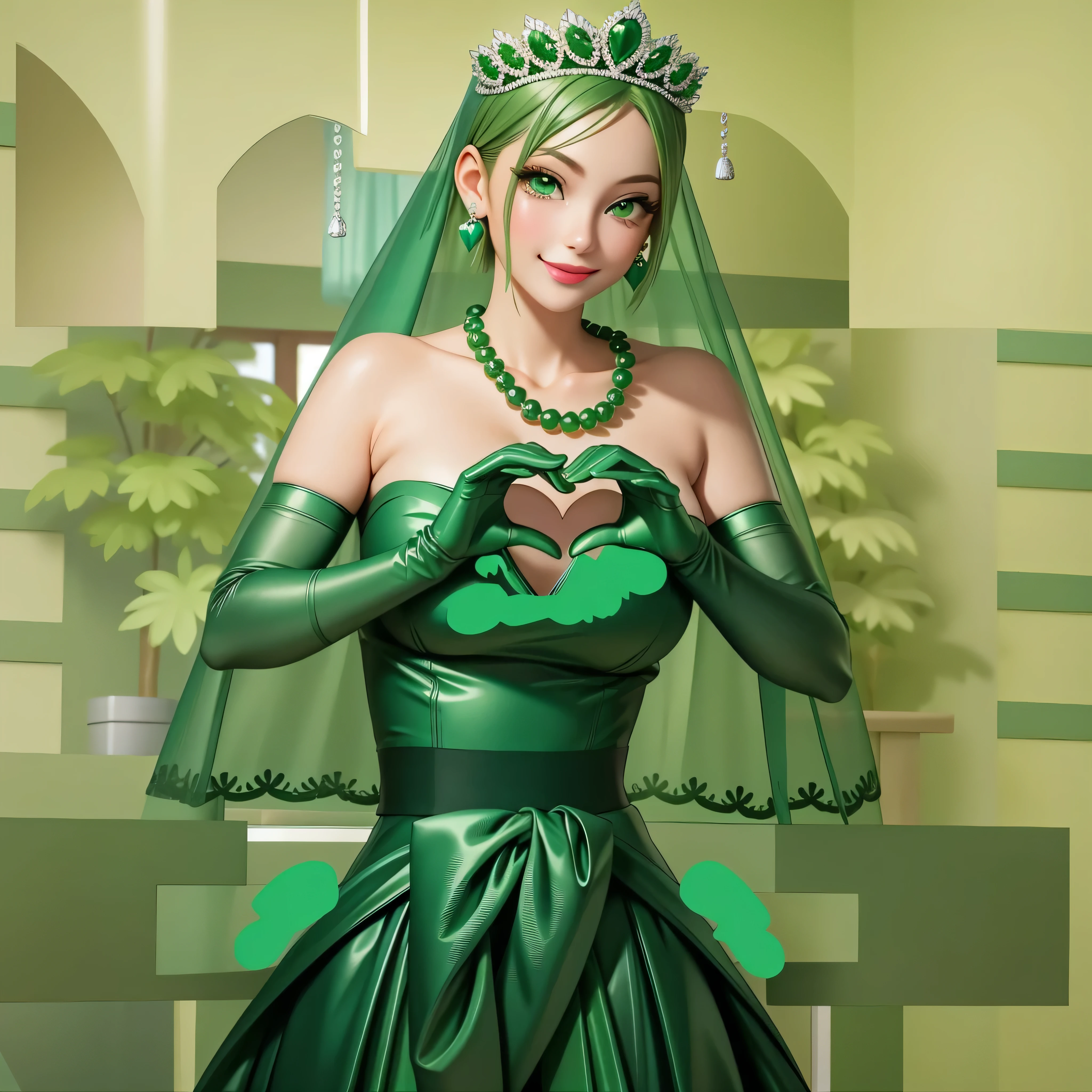 emerald tiara, Green Pearl Necklace, Boyish very short green hair, Green Lips, Smiling Japanese woman, Very short hair, Busty beautiful lady, Green Eyes, Green satin long gloves, Green Eyes, Emerald Earrings, Green veil, Heart with both hands, Green Hair, Beautiful Japanese Woman, Heart shaped hands:1.3, green lip gloss
