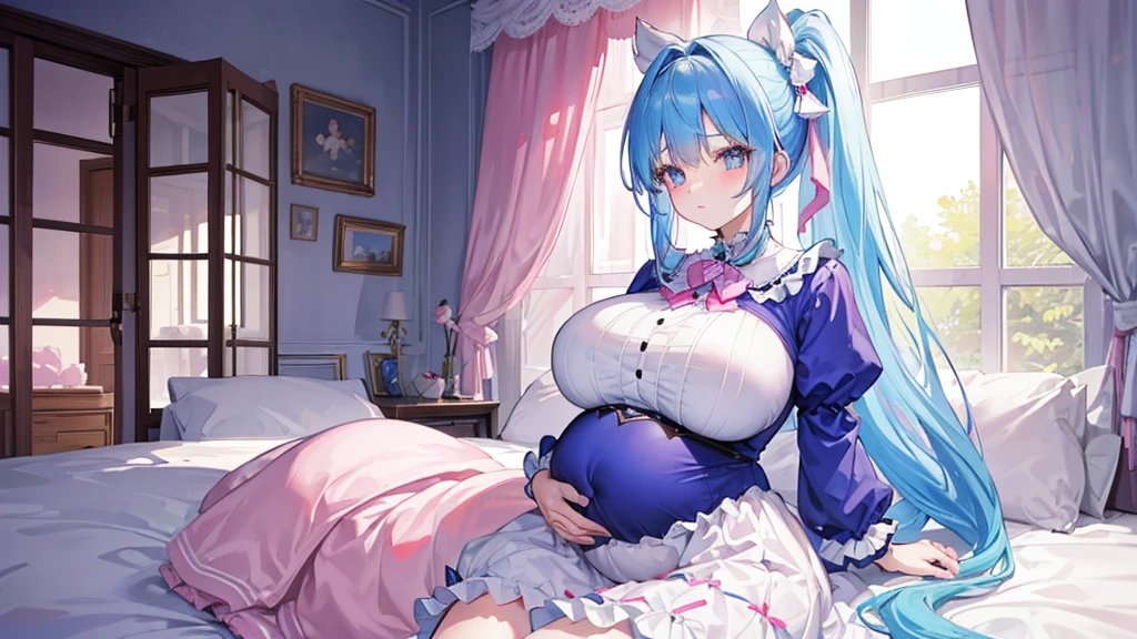 2 22-year-old girls, Blue Hair, Long double ponytail, Pink shirt, Fluffy collar, White fluffy skirt, White ribbon on hair, Lots of hair accessories, ta,(Pregnant,Huge breasts:1.8),Room