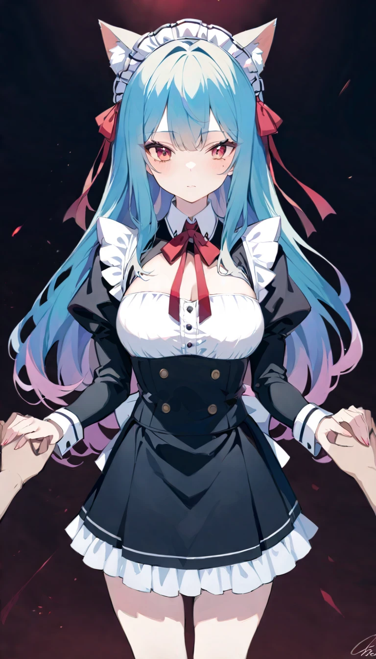 anime woman, person holding red looking hands, 1 girl, animal ears, maid headdress, signature, cat ears, mole under eyes, long hair, chest, black jacket