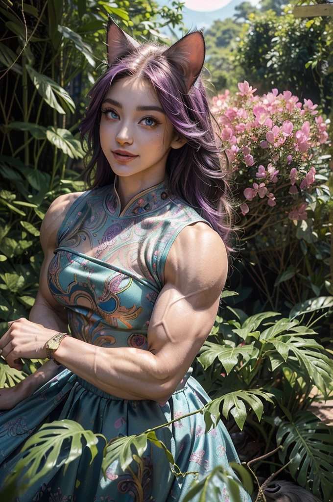 street photography photo of a young woman with purple hair, smile, happy, cute t-shirt, tattoos on her arms, sitting in a 50s diner,((Best quality)), ((masterpiece)), ((highly intricate details)),beautiful, high quality, highres, absurdres, light difussion, intricate details, complex details, ((anime)), (anime:1.2) , (perfect face:1.3), extreme detailed eyes, colorful, highest detailed, vibrant colors, high contrast, (8K UHD:1.2), (photorealistic:1.2),(masterpiece:1.4), (best quality:1.4), realistic,(best quality, ultra-detailed, (cat-beast hunter:1.8), (A cat-beast hunter who lives in a lush forest. He wears elaborate and beautiful ornaments made of plants. His eyes are brightly colored and shining. Moonlight shines through the dense forest. Detailed drawing. Vivid colors. High image quality:1.5), (The protagonist looks up at the A large tree from below: 1.2), (Vivid colors:1.1), (paradise nymph:1.2), (Glowing butterfly:1), (glowing petals:1.1), (mandala:1.1), (pattern:1), (design:1), (spiral:1), (Colorful floral pattern:1), (Wormhole world:1.1), (masterpiece:1.3), (illustration:1.1), (best quality:1.1), (best aethetic:1), (beautiful art:1.2), (ultra-detailed:1.2), (8k), (HDR), (sharp focus), (intricate),LowRA , clean body, abs, (body builder:1.5),muscular,beautiful muscle,((female,girl)),busty,curvy,sexy,((big eyes,perfect eyes, beautiful eyes))