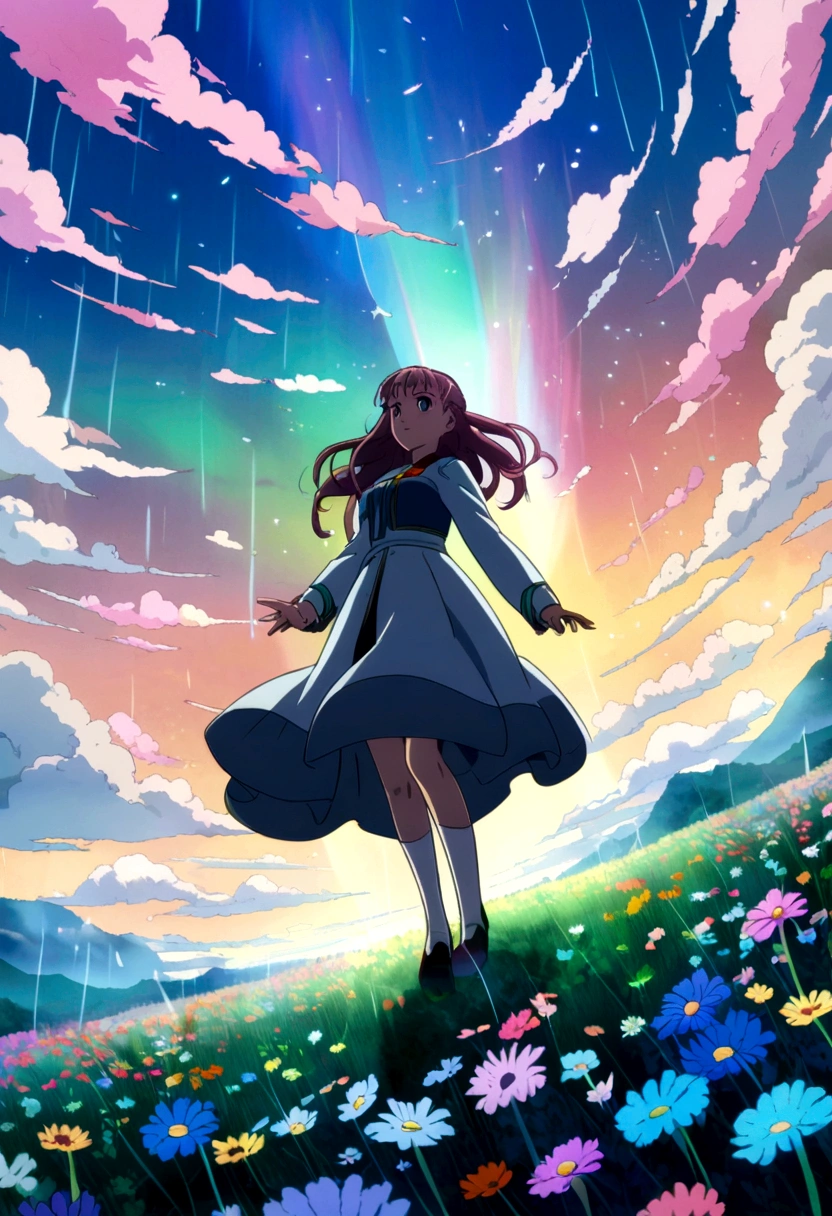 rainy meadow with expansive sky, anime style