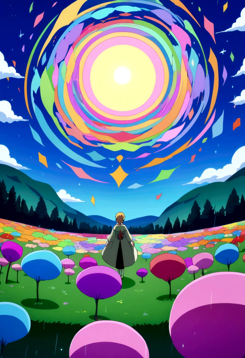 rainy meadow with expansive sky, anime style