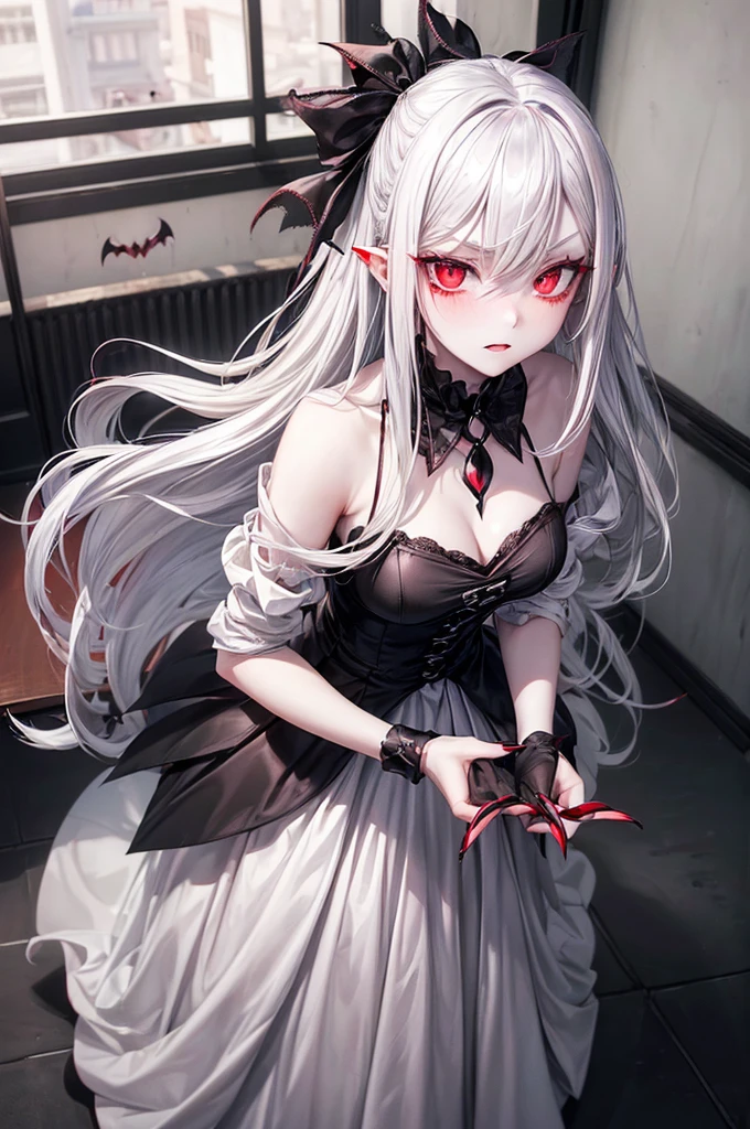 ((1 female, 19, silver hair, dark red eyes, vampire, innocent look, blushing, in a classroom, , long black nails,pale skin))