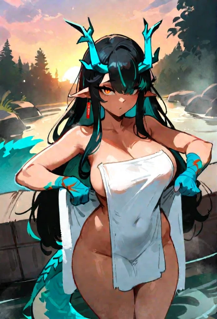 1girl, dusk \(arknights\), arknights \\\\\ masterpiece, best quality, newest, deep reed eyes, deep reed hair, dark horns, ///// by nyantcha, , by khyle, cutesexyrobutts \\\\\ rating:nsfw, nude,naked,,,,,,,,solo,,standing, , povpov, onsen,(body wrap towel:1.2), towel wrapped around body, sunrise,looking at viewer,pov,,in the centre of shot, turquoise hands, hands and forearms turquoise, high angle, ,big tits,dragon tail