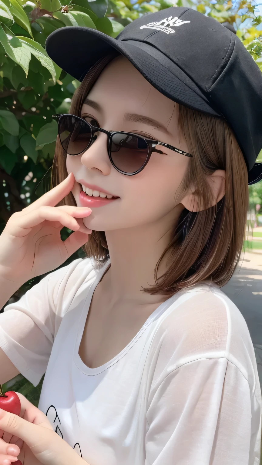 closeup shot , Best picture quality (8K, high resolution, Masterpiece: 1.2), super detailed, 215 Short Hair, 16-year-old woman,
situation: In the shade of the orchard、A scene of customers tasting freshly picked cherries on the spot。
clothing: Casual summer clothes、sunglasses、hat。
angle:
Close-up: The moment when the customer puts the cherry in their mouth、A detailed depiction of a person enjoying cherries。
Detailed depiction: The coolness of the shade、With the surrounding orchards as a backdrop、Emphasizing relaxation time in nature。
, Close-up of face
, random cute pose ,big eyes ,Puffy eyes , Heart Pupil, blush , huge shy smile , salute