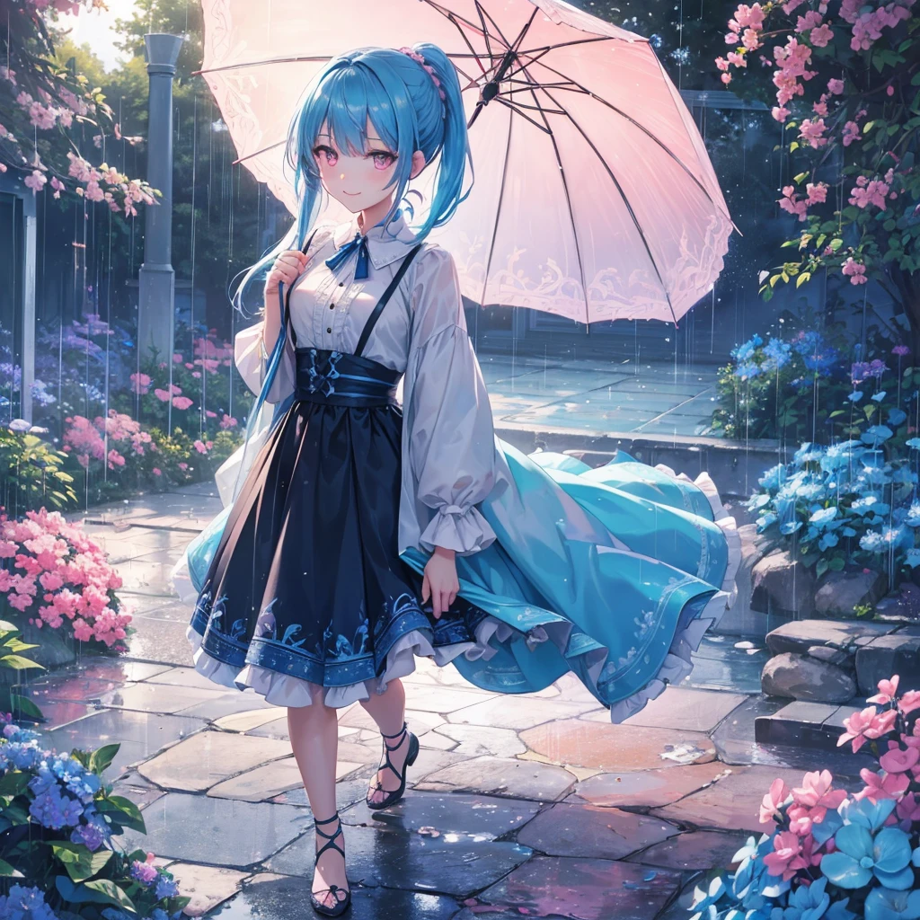 sky Blue hair, (braided ponytail),(pink eyes),fair skin ,(full body),(1 girl),smile,Straight Bangs,(masterpiece, best quality, ultra-detailed, best shadow), (detailed background), (beautiful detailed face), high contrast, (best illumination, an extremely delicate and beautiful), ((cinematic light)), colorful, hyper detail, dramatic light, intricate details,Walking in the rain with an umbrella,noon,colorful umbrella,bright, Raindrops, sun shower,