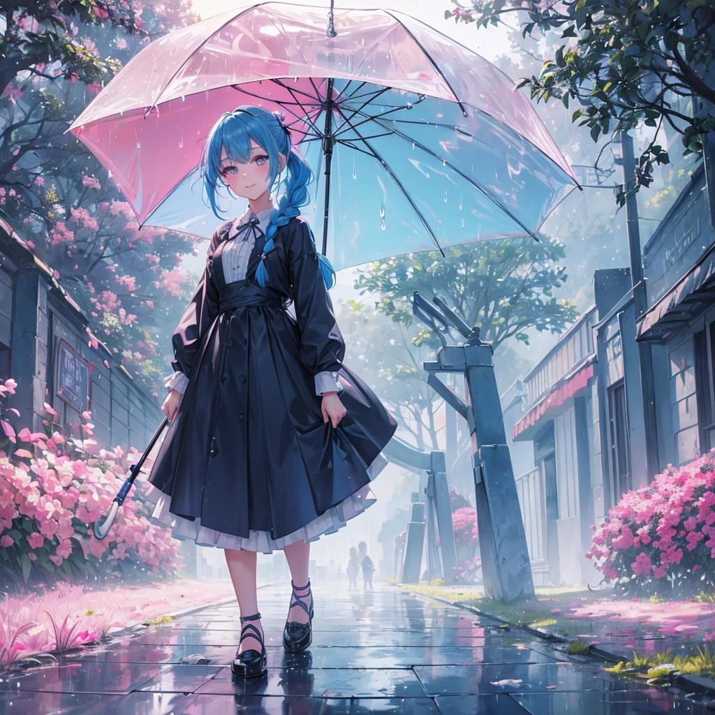 sky Blue hair, (braided ponytail),(pink eyes),fair skin ,(full body),(1 girl),smile,Straight Bangs,(masterpiece, best quality, ultra-detailed, best shadow), (detailed background), (beautiful detailed face), high contrast, (best illumination, an extremely delicate and beautiful), ((cinematic light)), colorful, hyper detail, dramatic light, intricate details,Walking in the rain with an umbrella,noon,colorful umbrella,bright, Raindrops, sun shower,