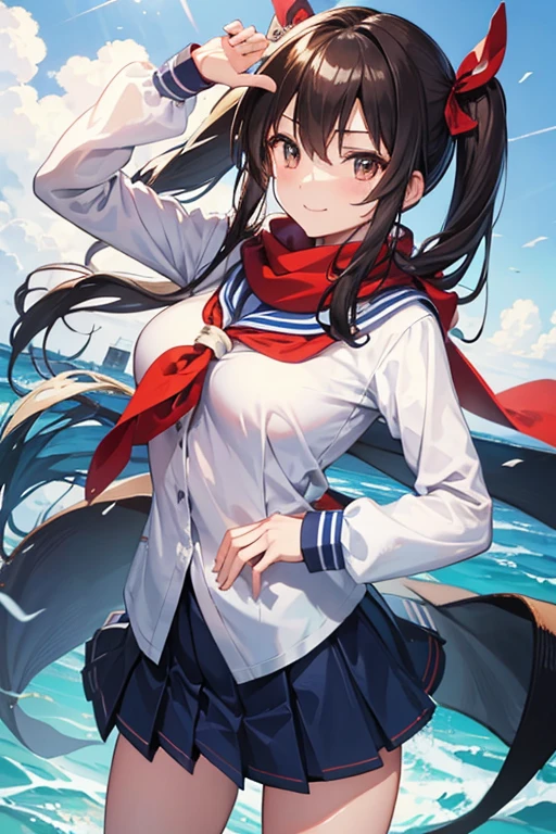 Create an illustration of Akeno Misaki from "High School Fleet" with the following characteristics:
- Hair: Brown, twintails, with a youthful and energetic look.
- Eyes: Bright, expressive, and reflecting her strong will.
- Uniform: A traditional maritime high consisting of a white blouse with a sailor-style collar, a blue pleated skirt, and a red scarf tie.
- Accessories: A captain's hat to signify her leadership role aboard the Harekaze.
- Build: Slender and of average height, embodying the typical high school student's physique.
- Demeanor: A smile that showcases her optimism, with a posture that conveys determination and bravery.
- Additional Traits: She has a familial approach to her crew, displays good judgment under pressure, and has a notable fear of lightning.