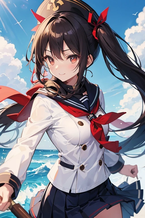 Create an illustration of Akeno Misaki from "High School Fleet" with the following characteristics:
- Hair: Brown, twintails, with a youthful and energetic look.
- Eyes: Bright, expressive, and reflecting her strong will.
- Uniform: A traditional maritime high consisting of a white blouse with a sailor-style collar, a blue pleated skirt, and a red scarf tie.
- Accessories: A captain's hat to signify her leadership role aboard the Harekaze.
- Build: Slender and of average height, embodying the typical high school student's physique.
- Demeanor: A smile that showcases her optimism, with a posture that conveys determination and bravery.
- Additional Traits: She has a familial approach to her crew, displays good judgment under pressure, and has a notable fear of lightning.