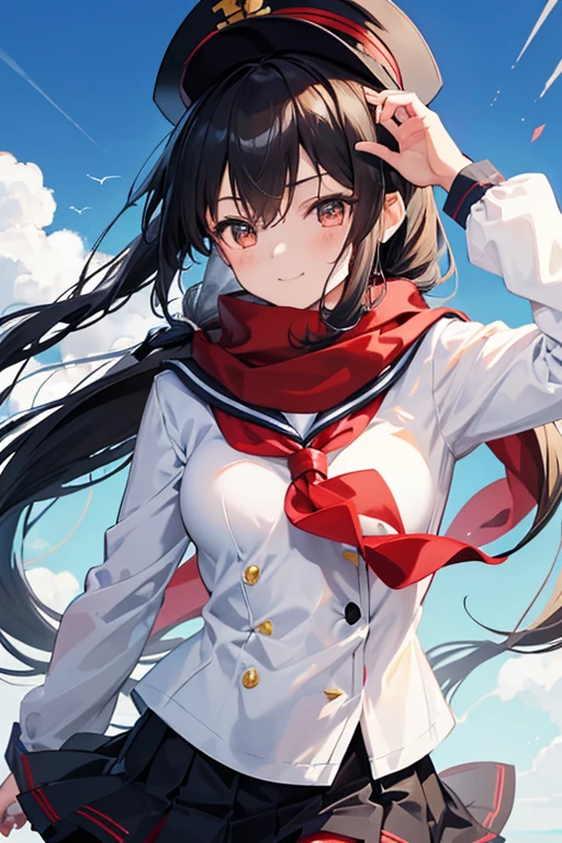 Create an illustration of Akeno Misaki from "High School Fleet" with the following characteristics:
- Hair: Brown, twintails, with a youthful and energetic look.
- Eyes: Bright, expressive, and reflecting her strong will.
- Uniform: A traditional maritime high consisting of a white blouse with a sailor-style collar, a blue pleated skirt, and a red scarf tie.
- Accessories: A captain's hat to signify her leadership role aboard the Harekaze.
- Build: Slender and of average height, embodying the typical high school student's physique.
- Demeanor: A smile that showcases her optimism, with a posture that conveys determination and bravery.
- Additional Traits: She has a familial approach to her crew, displays good judgment under pressure, and has a notable fear of lightning.